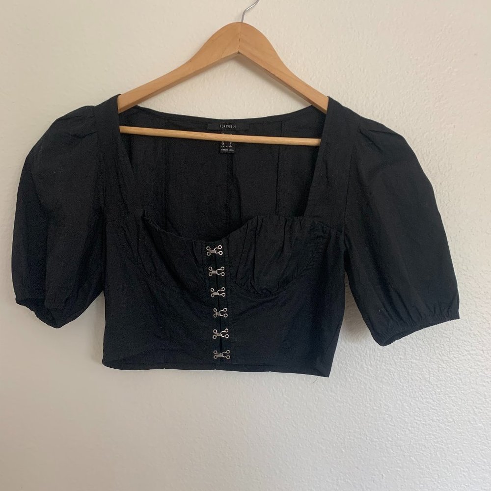 Corset Bustier Puff Sleeve Black Crop